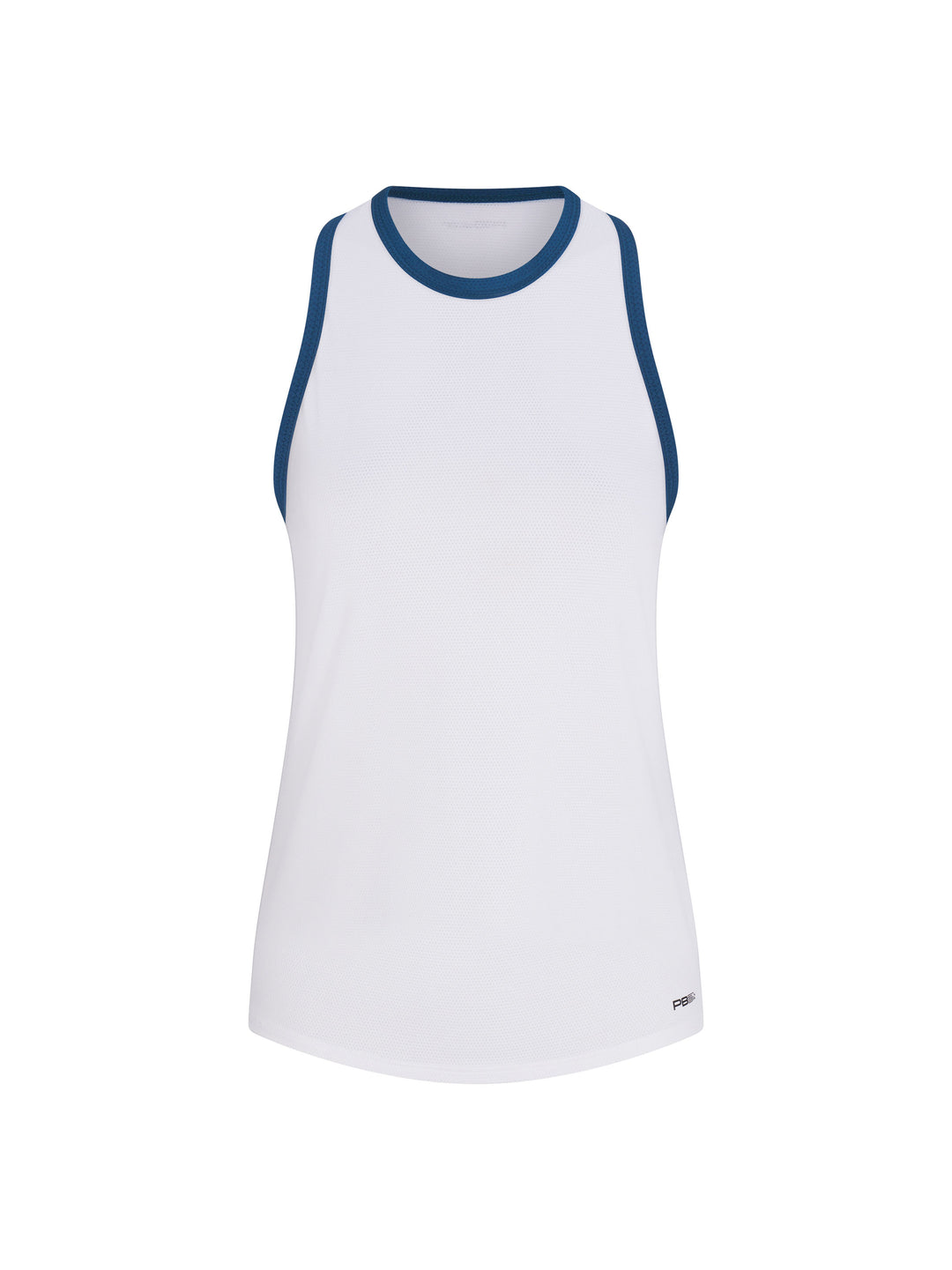 Women's Core Tank front view in White with Astral Blue trim. Small logo printed on lower left front.
