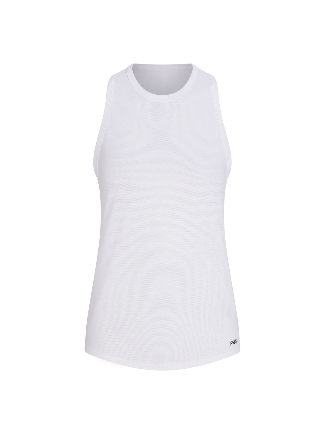 Women's Core Tank front view in White. Small logo printed on lower left front.