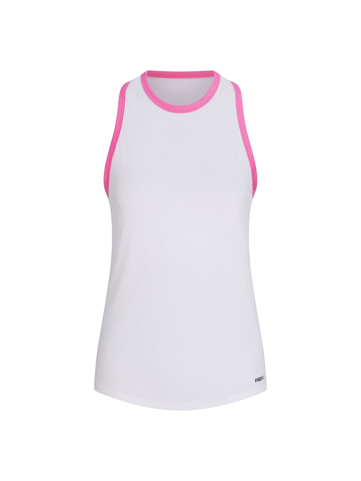 Women's Core Tank front view in White with Pink trim. Small logo printed on lower left front.