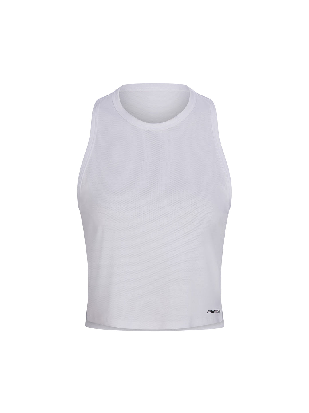 Women's Cropped Racer Back Tank front view in white with high neck line. Small logo on lower left side.