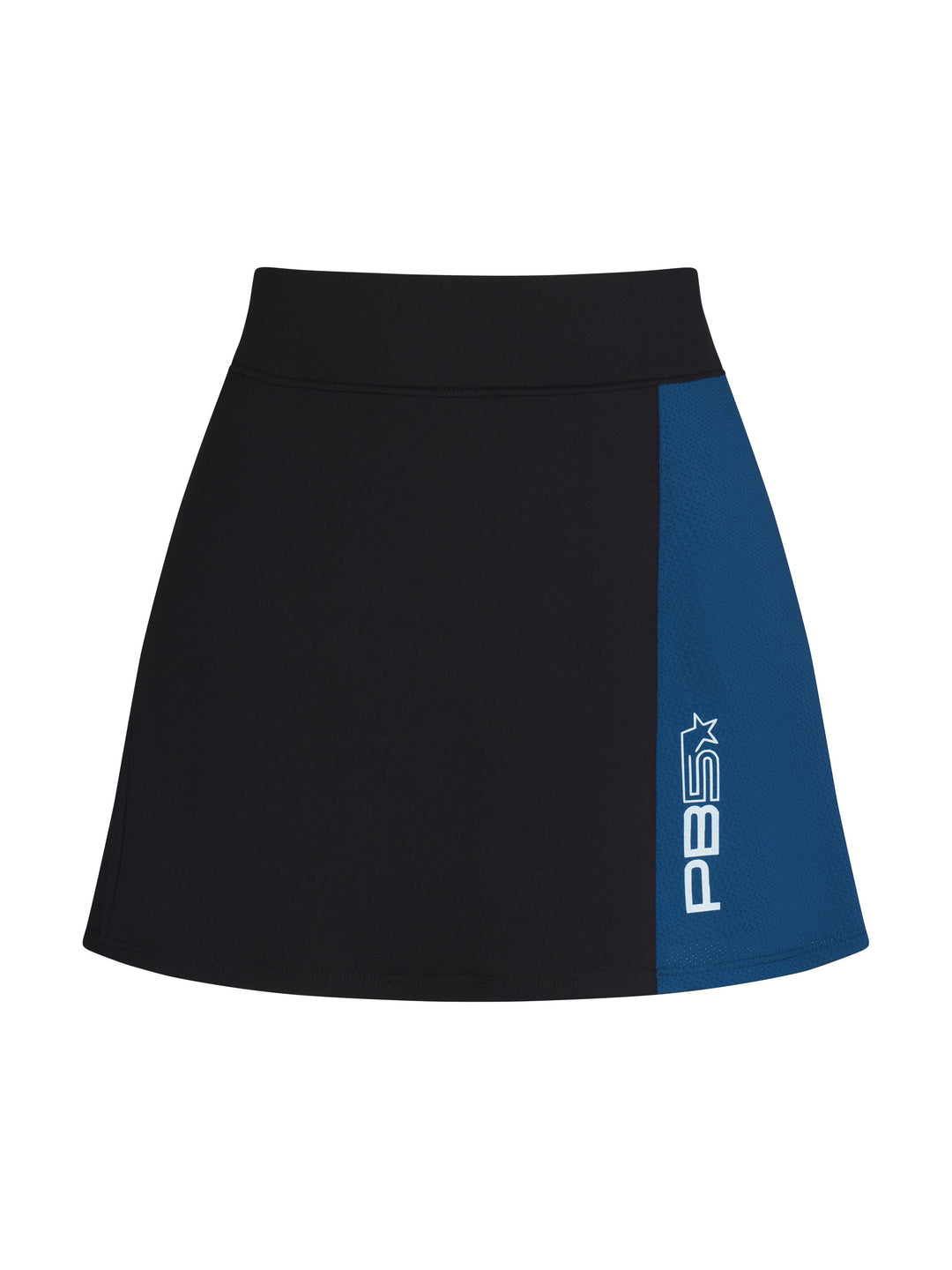 Mesh Panel Pickleball Skirt front view in Black and Astral Blue. Logo on bottom left side.