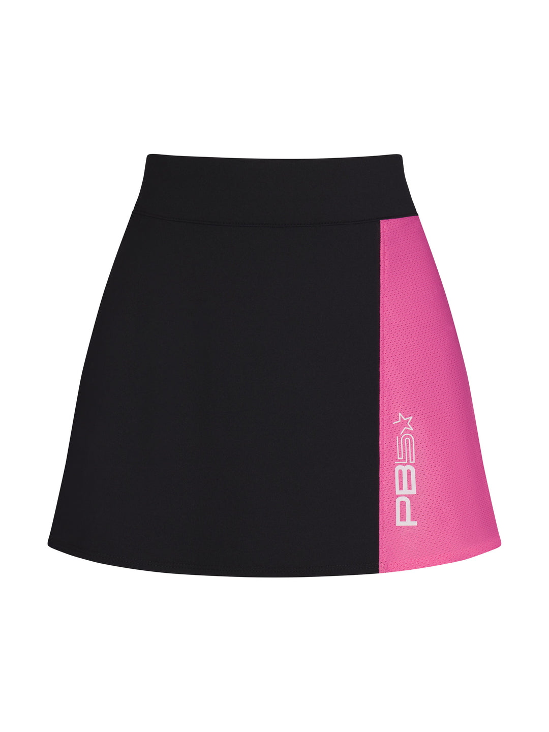Mesh Panel Pickleball Skirt front view in Black and Pink. Logo on bottom left side.