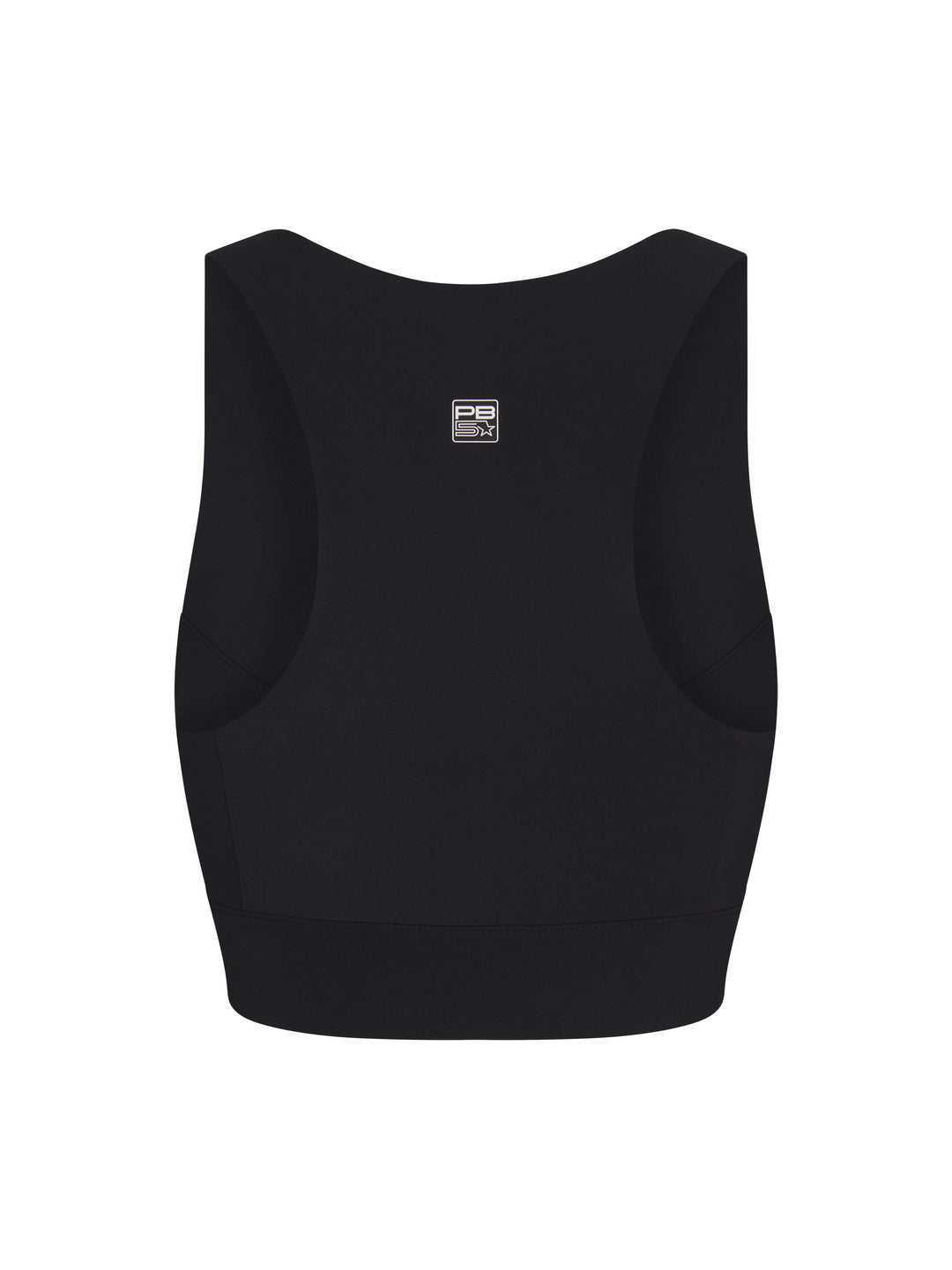 Racer Back Sports Bra back view in black. Small logo centered on upper back.