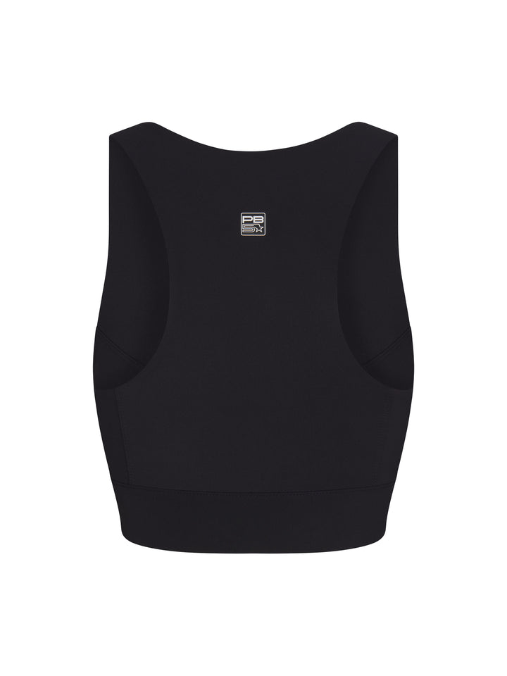 Racer Back Sports Bra back view in black. Small logo centered on upper back.