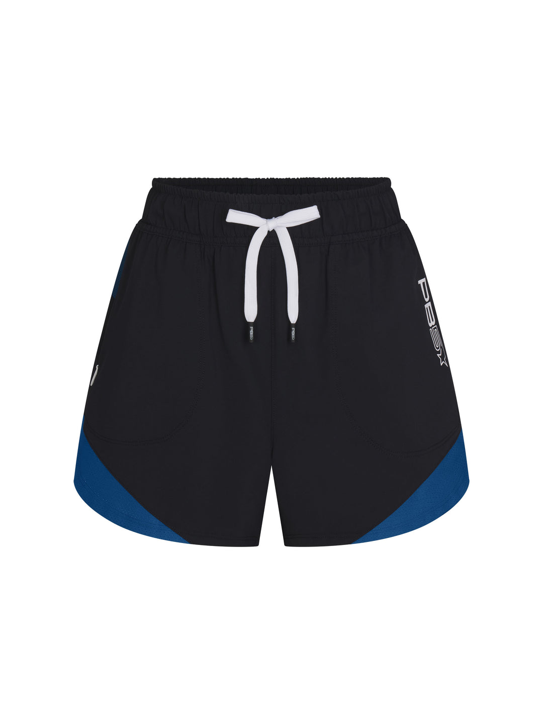 Women's Vented Court Short front view in Black and Astral Blue. Logo on left side seam.