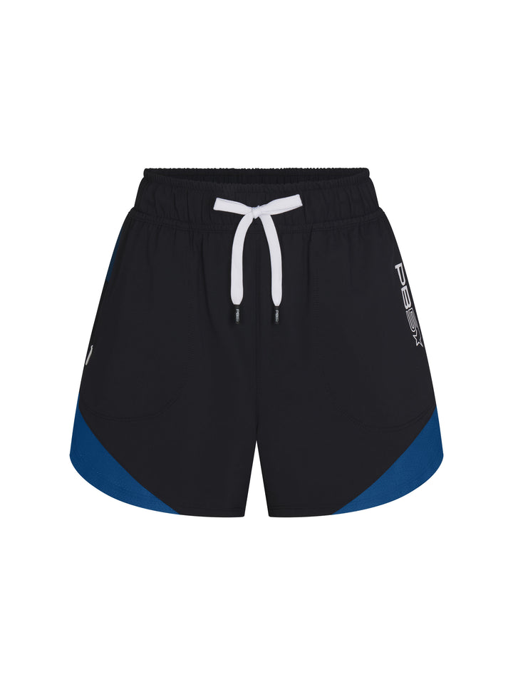 Women's Vented Court Short front view in Black and Astral Blue. Logo on left side seam.