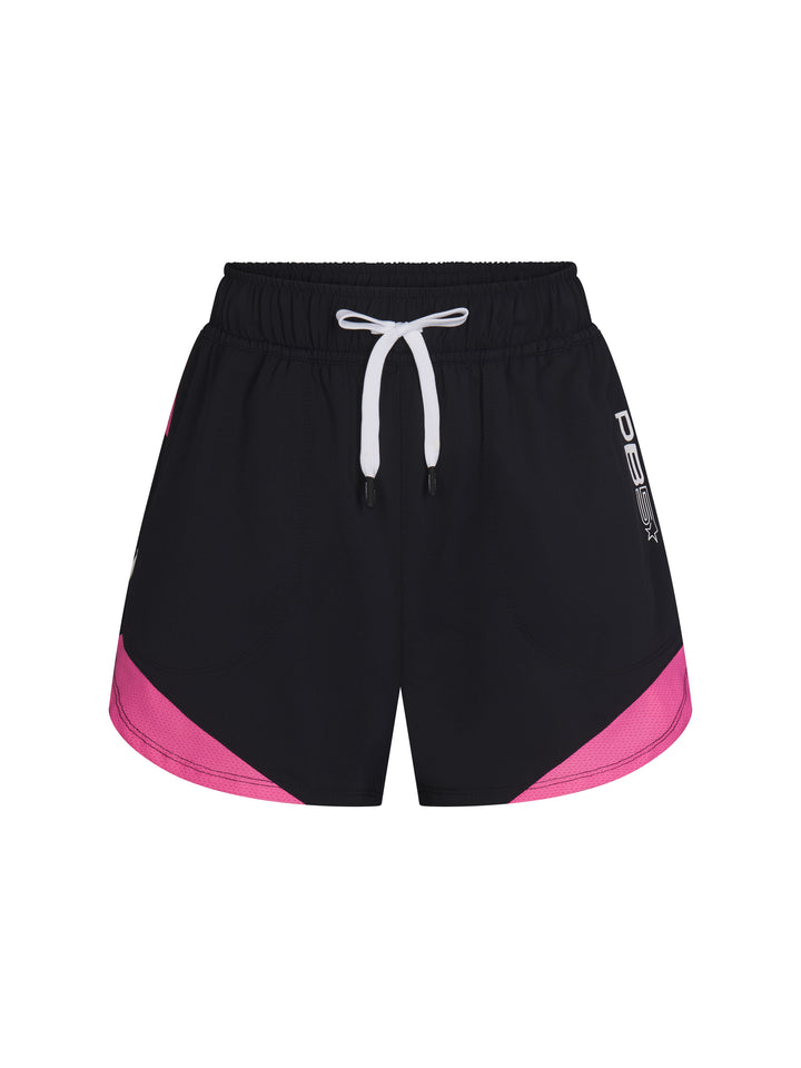 Women's Vented Court Short front view in Black and Pink. Logo on left side seam.