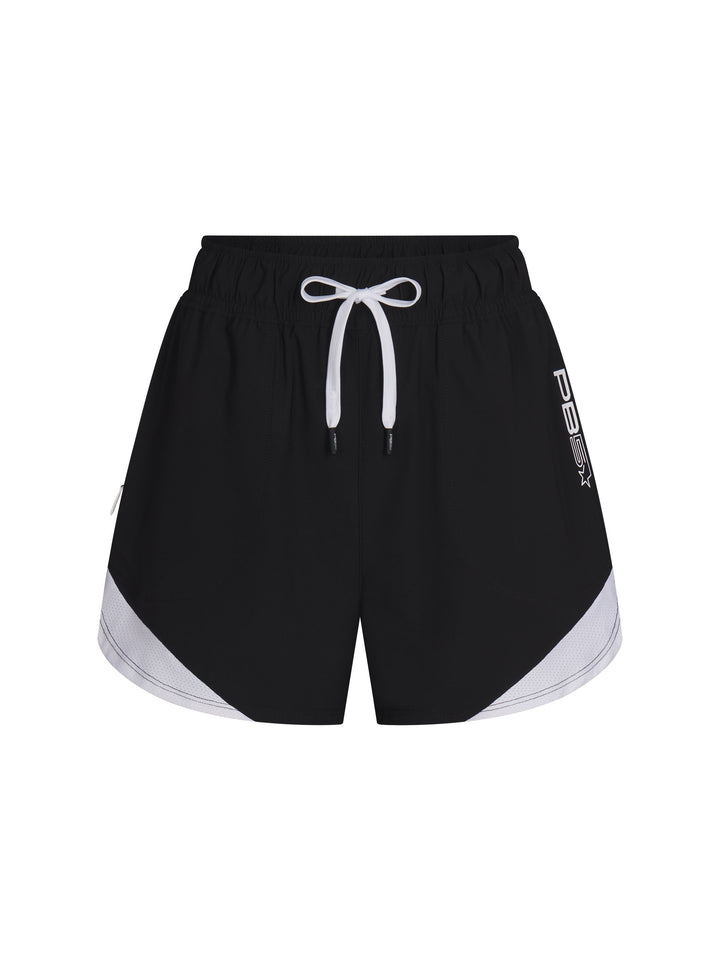 Women's Vented Court Short front view in Black and White. Logo on left side seam.