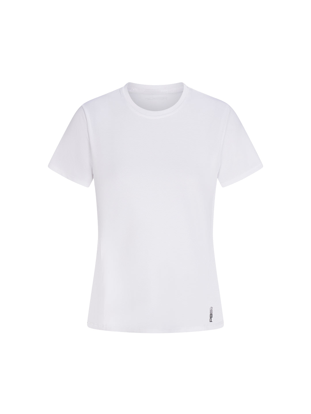 Women's Vented Court Tee front view in white. Small logo on lower left side.