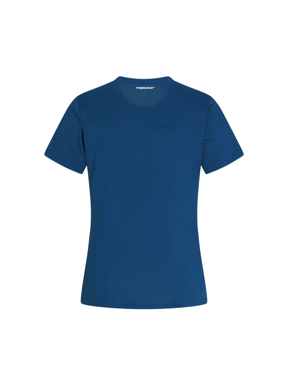 Women's Vented Court Tee back view in astral blue and pink. Small logo centered below neck seam.