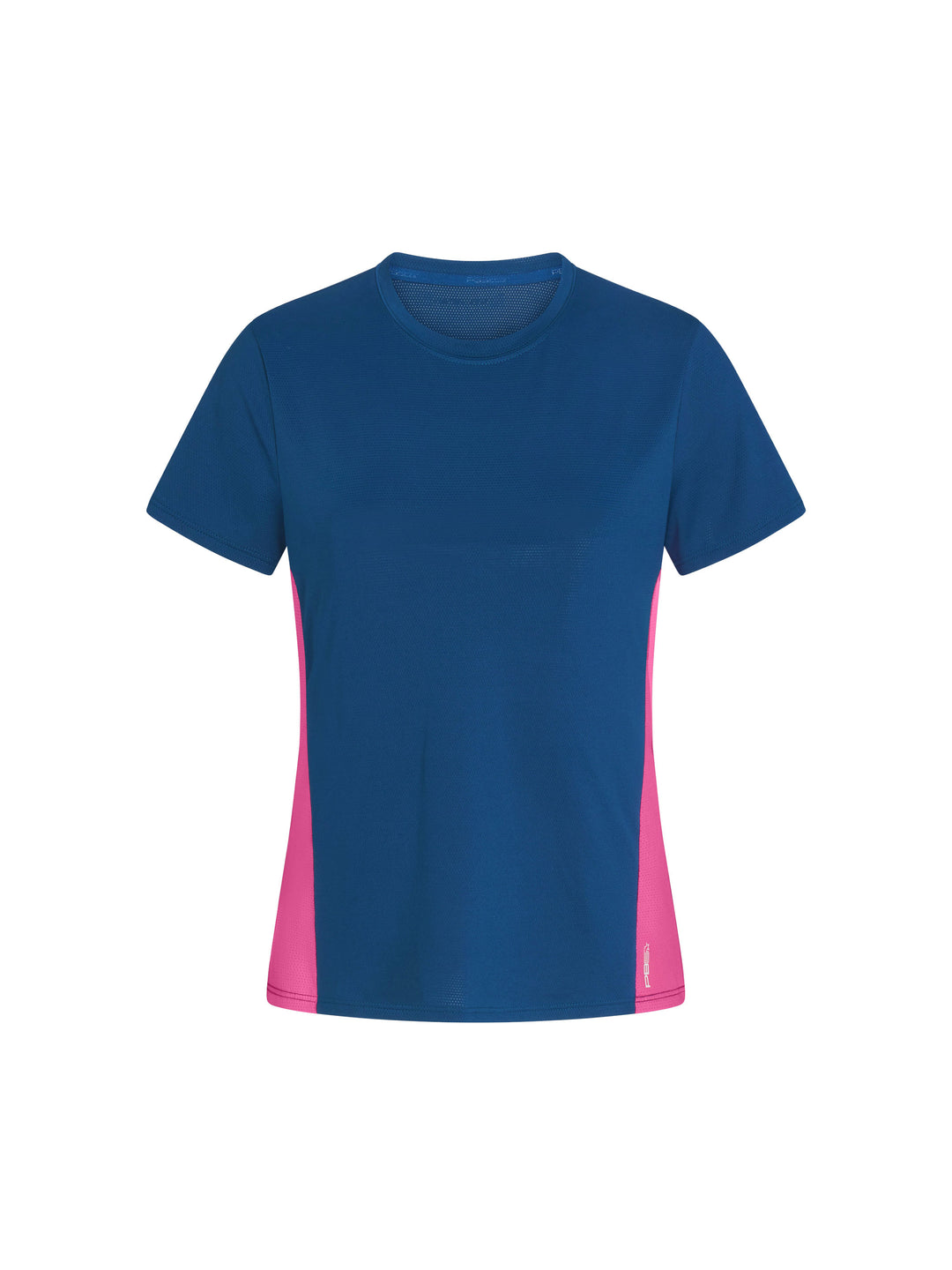 Women's Vented Court Tee front view in astral blue and pink. Small logo on lower left side.