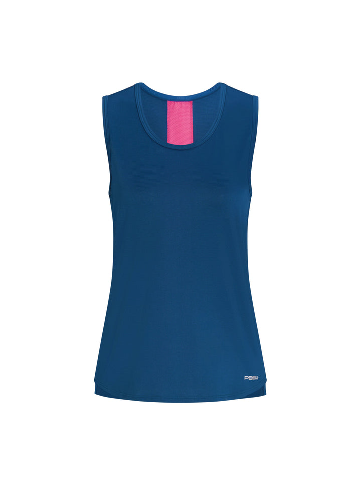 Women's Vented Tank front view in astral blue with pink stripe down center back. Small logo on lower left side.