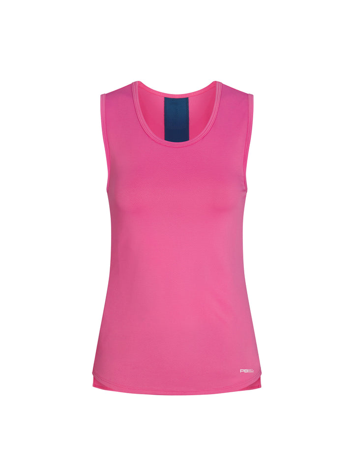 Women's Vented Tank front view in pink with astral blue stripe down center back. Small logo on lower left side.