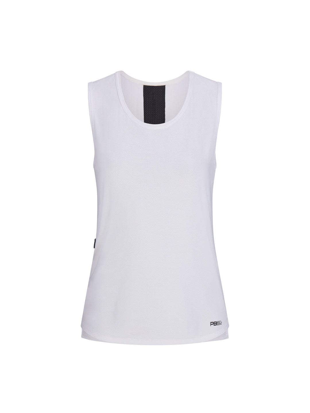 Women's Vented Tank front view in white with black stripe down center back. Small logo on lower left side.