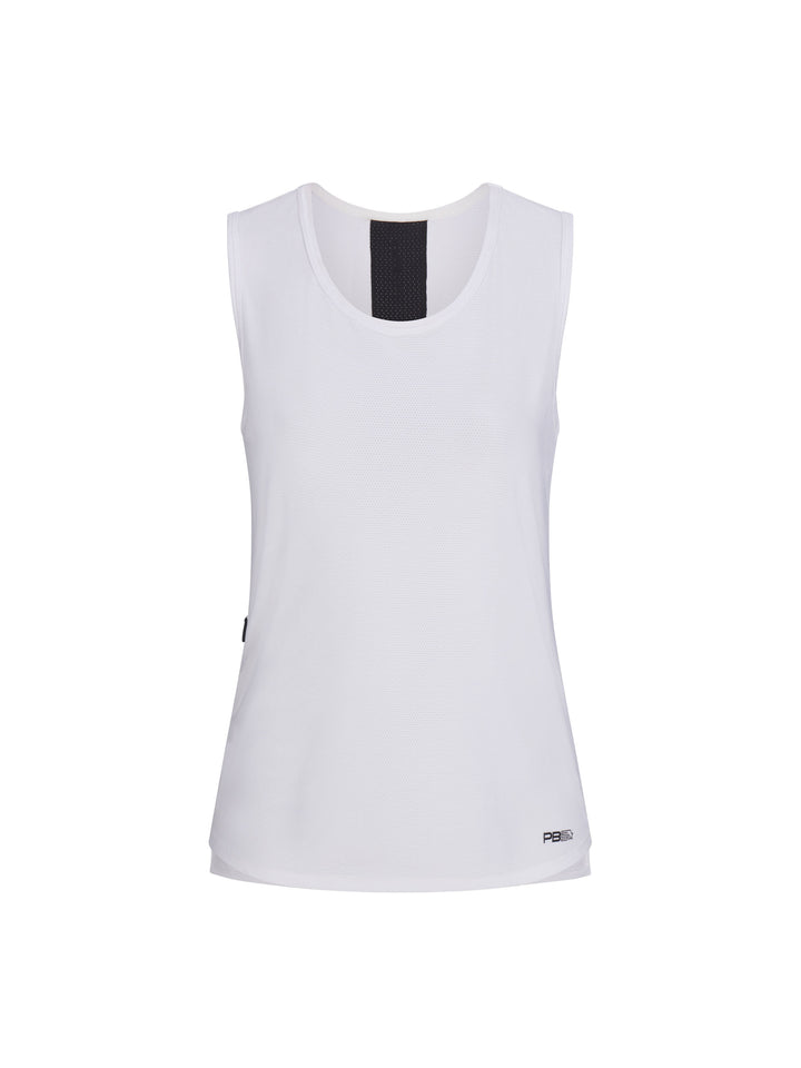 Women's Vented Tank front view in white with black stripe down center back. Small logo on lower left side.