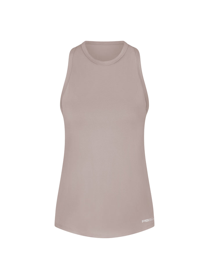 Women's Core Tank front view in soft clay. Small logo printed on lower left front.