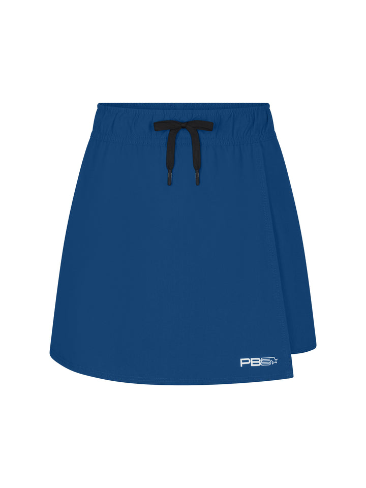 Women's Lightweight Wrap skirt front view in astral blue with black drawstring. Small Logo on lower left hem.