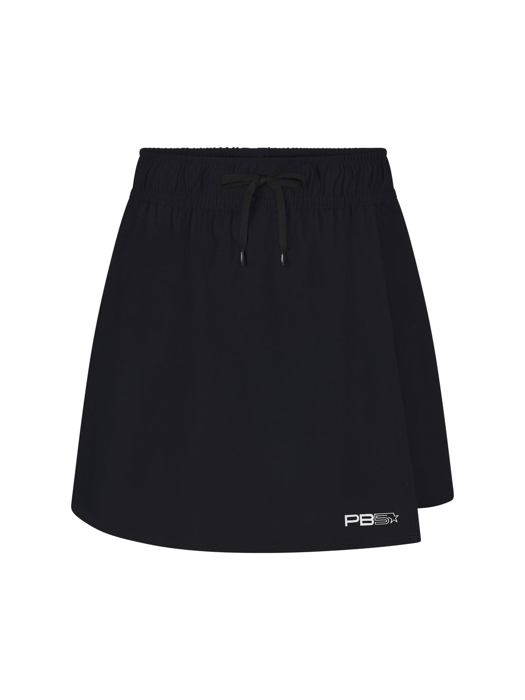 Women's Lightweight Wrap skirt front view in black with black drawstring. Small Logo on lower left hem.