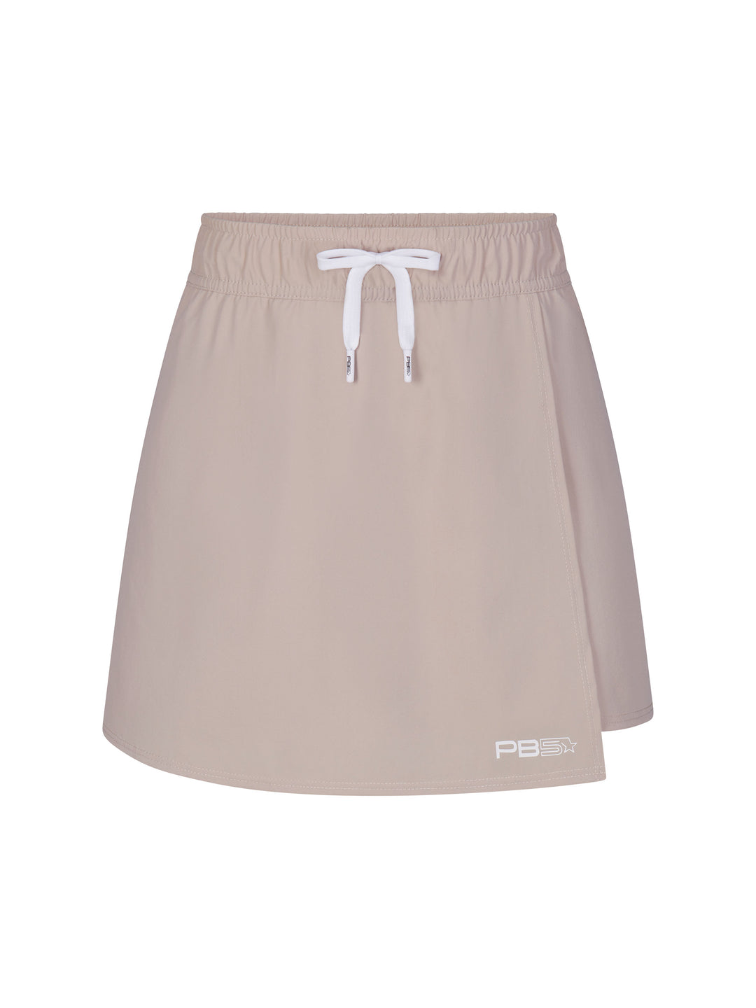 Women's Lightweight Wrap skirt front view in soft clay with white drawstring. Small Logo on lower left hem.