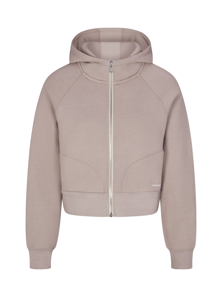 Women'a Luxe Cropped Lounge Hoodie with zipper front in soft clay.