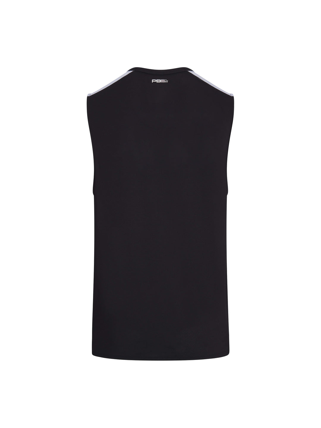 Men's Vented Sleeveless Tee back view in black. Small logo on upper back just below neck seam.