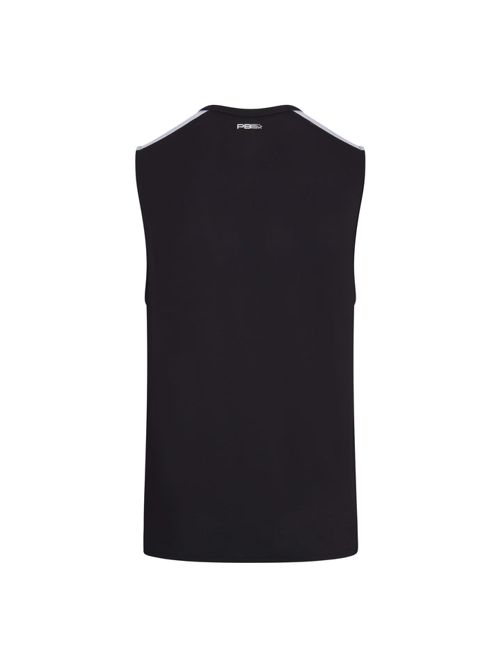 Men's Vented Sleeveless Tee back view in black. Small logo on upper back just below neck seam.