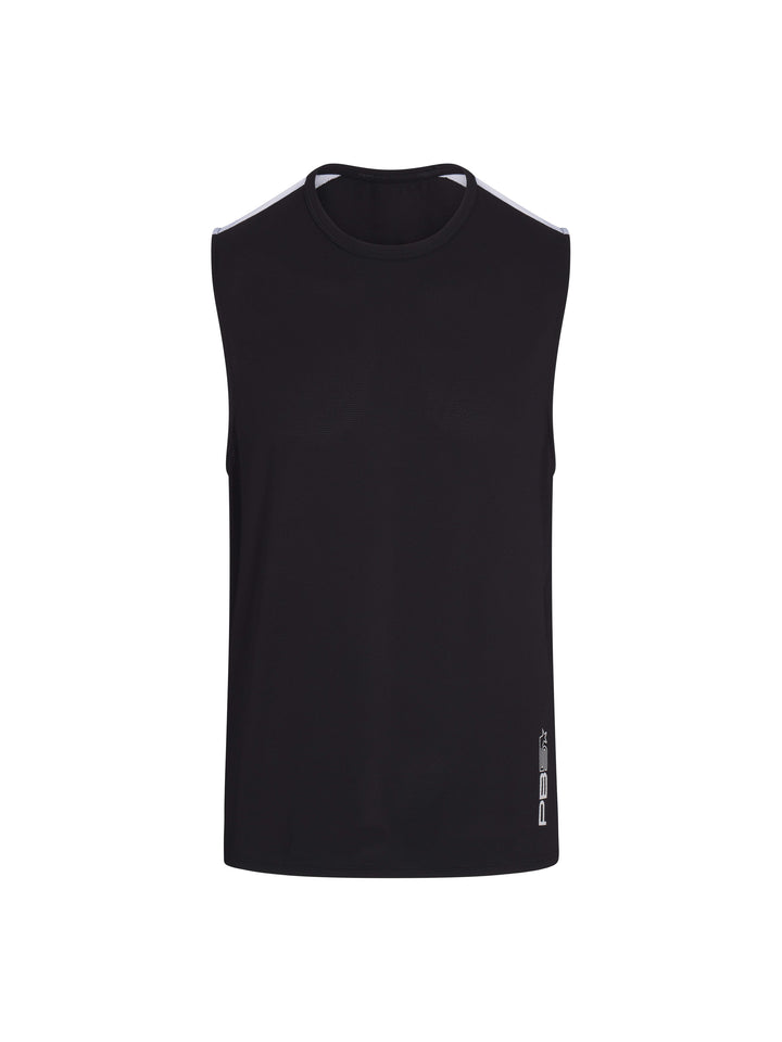 Men's Vented Sleeveless Tee front view in black. Logo on lower left side seam.