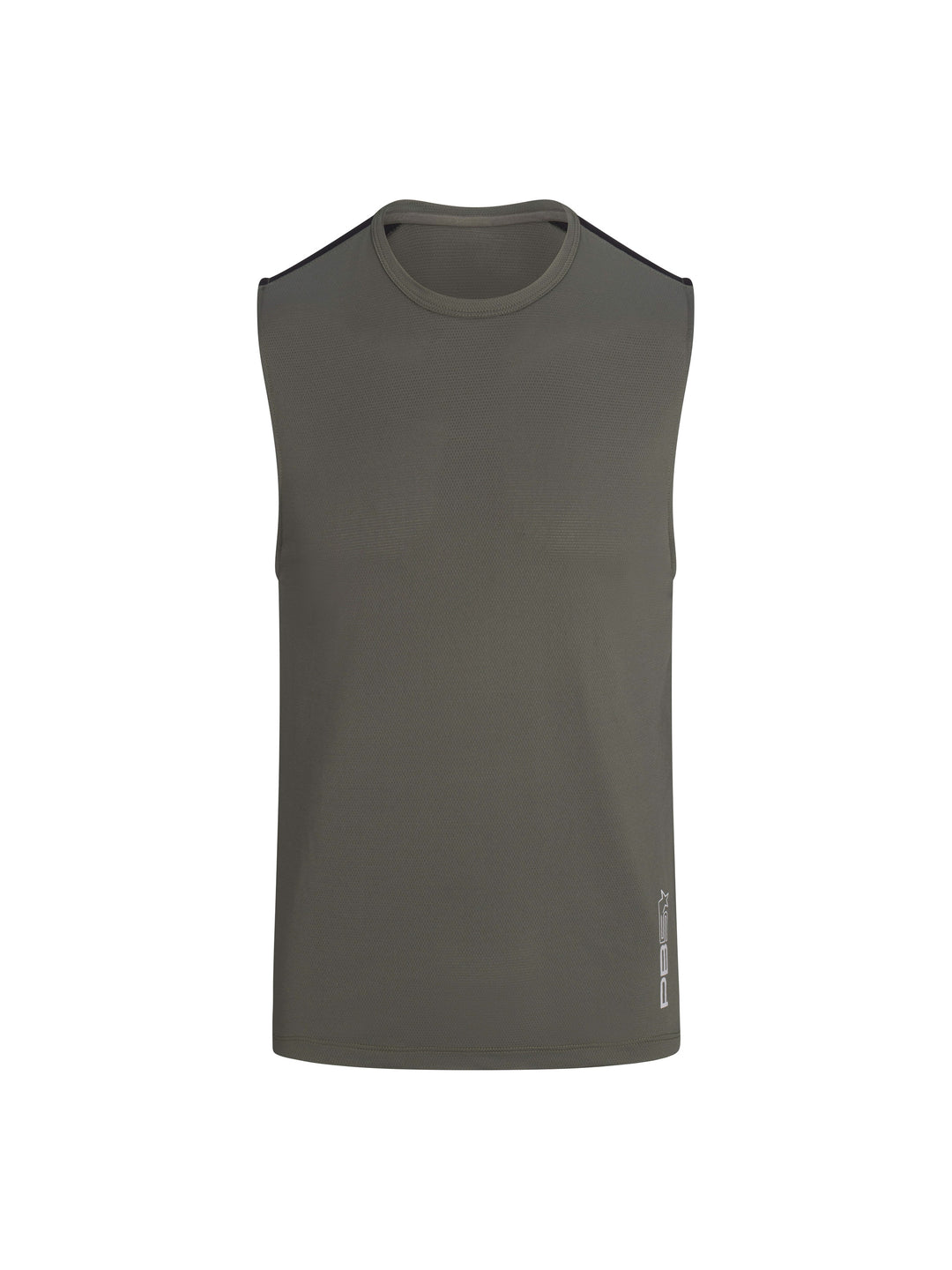 Men's Vented Sleeveless Tee front view in pavement. Logo on lower left side seam.