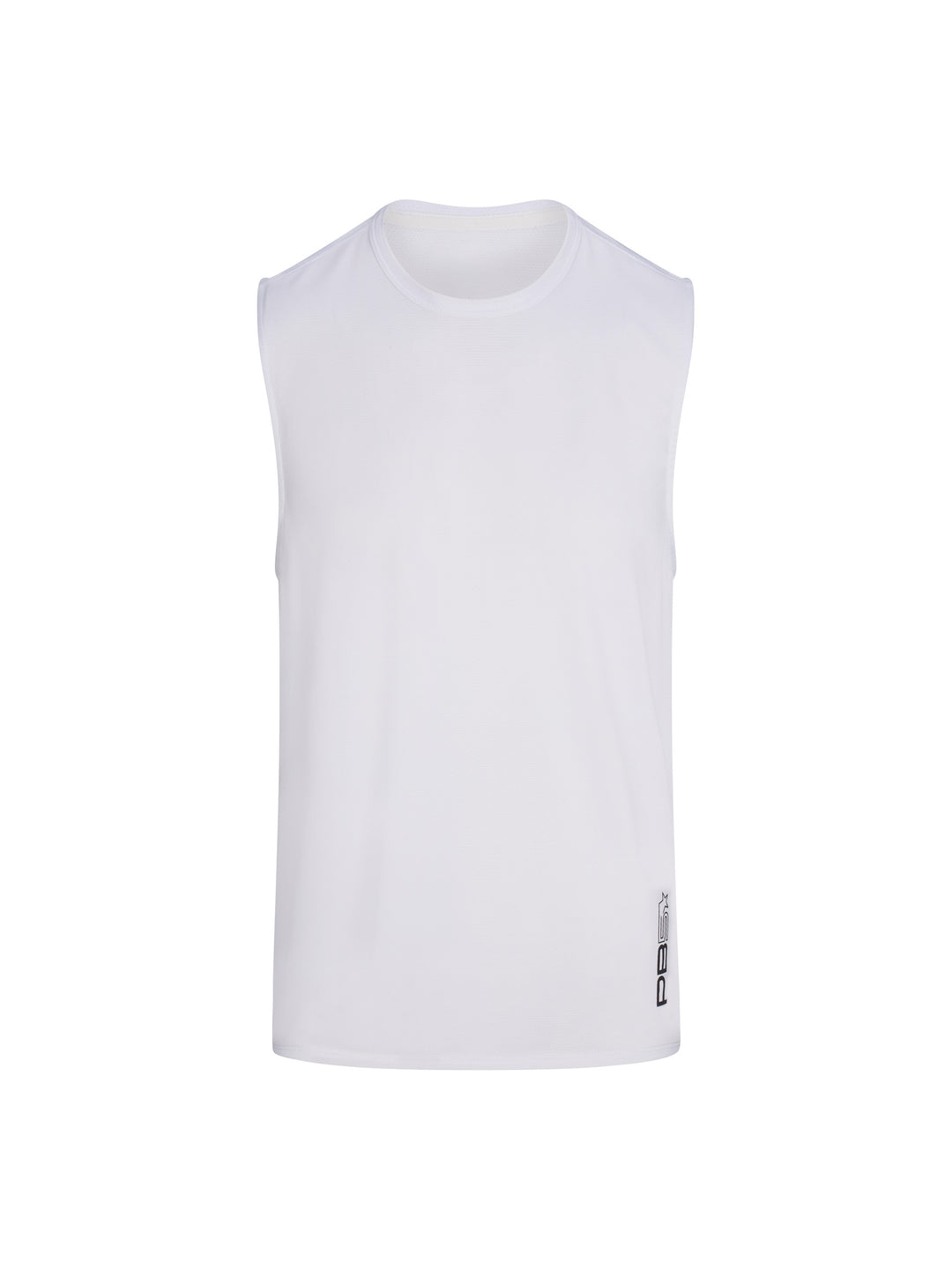 Men's Vented Sleeveless Tee front view in white. Logo on lower left side seam.