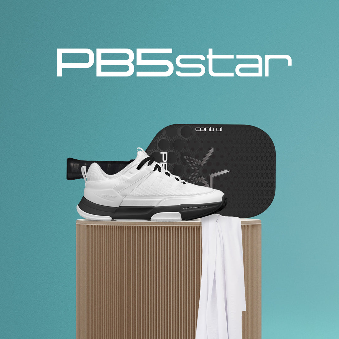 PB5star pickleball paddle and white athletic shoes displayed on a beige stand with a white towel, set against a teal background, showcasing premium sports gear for performance and style.