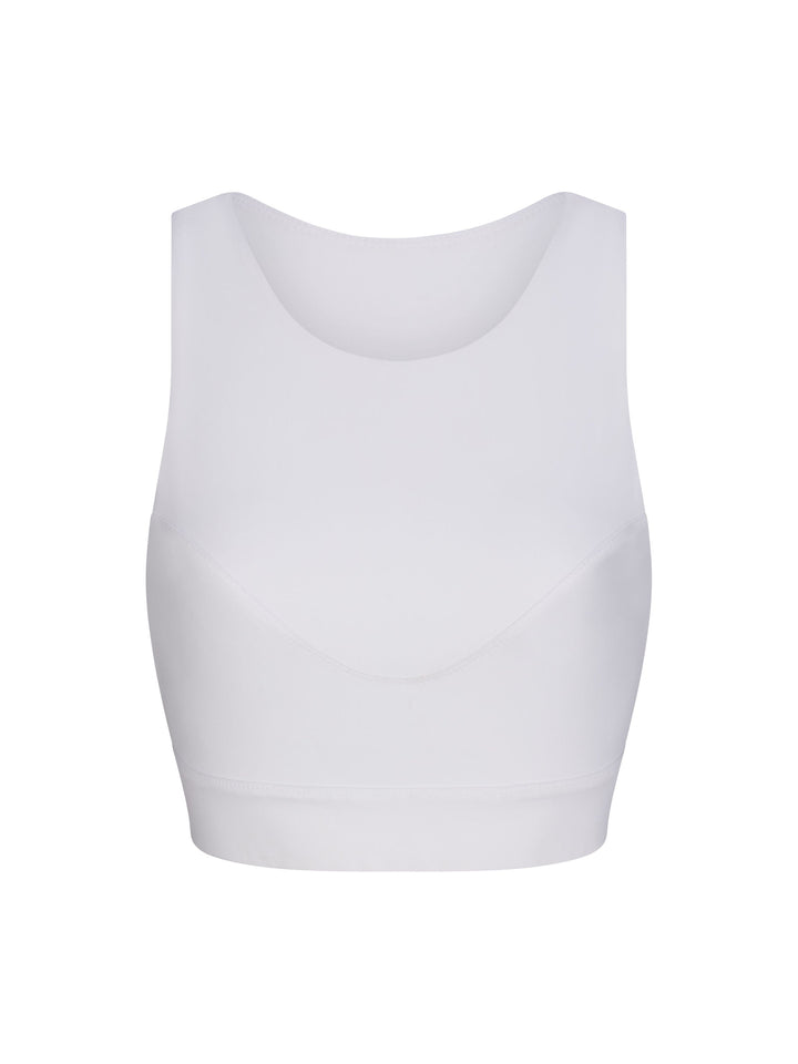 Racer Back Sports Bra with a high neck line, front view in white.