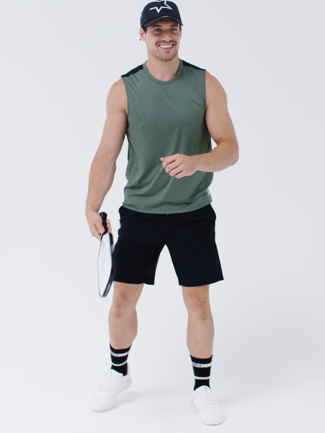 Video showing ease of movement in PB5star Vented Sleeveless Tee in pavement.