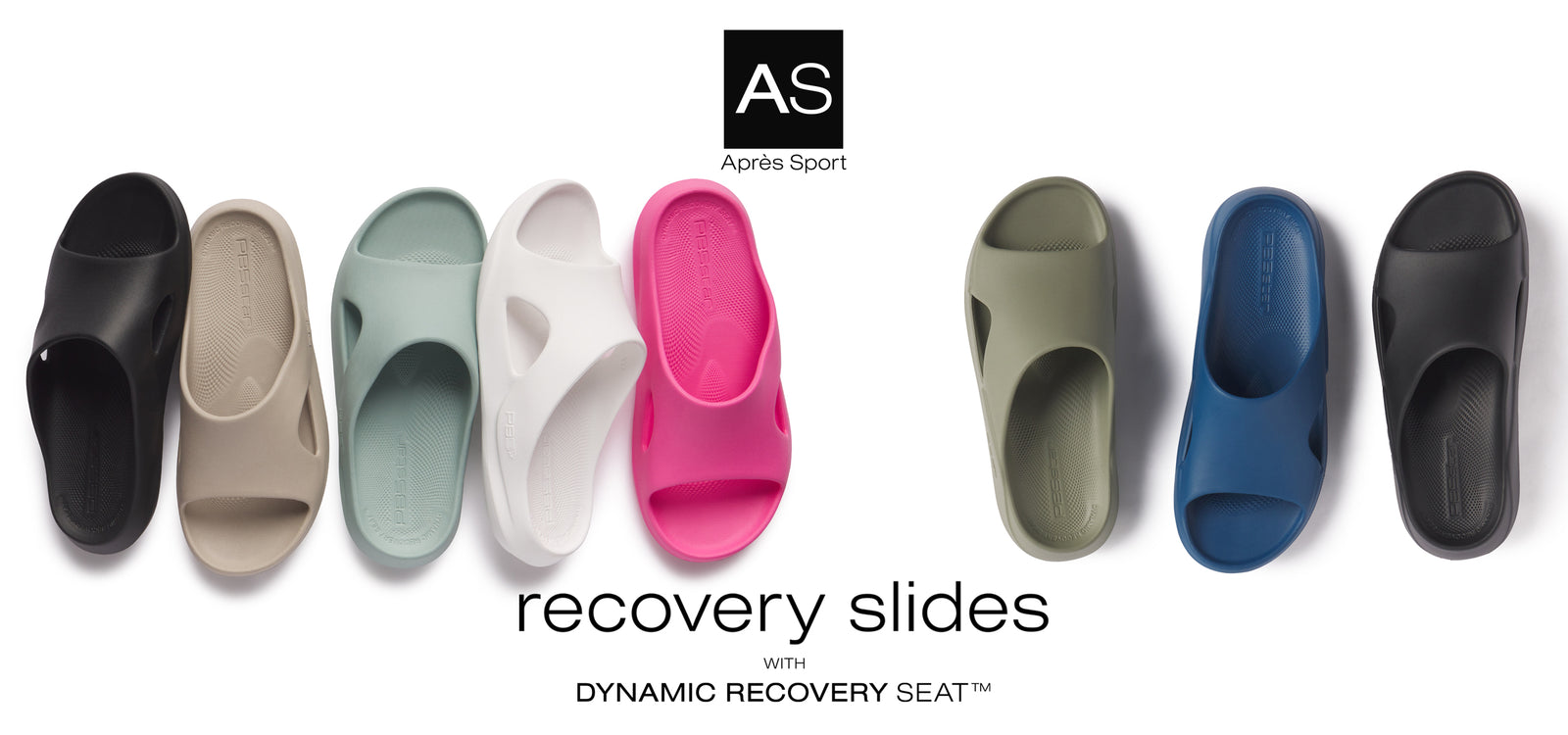 Après Sport recovery slides by PB5star, featuring Dynamic Recovery Seat™ technology, available in women's colors: black, titanium, arctic, white, and pink, and men's colors: astral blue, pavement, and black. Designed for comfort, support, and post-activity recovery.