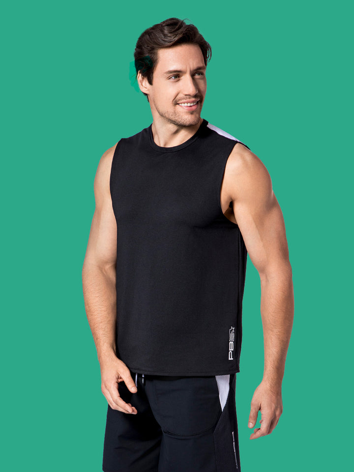 Man modeling PB5star's black Vented Sleeveless Tee, perfect for athletic performance.