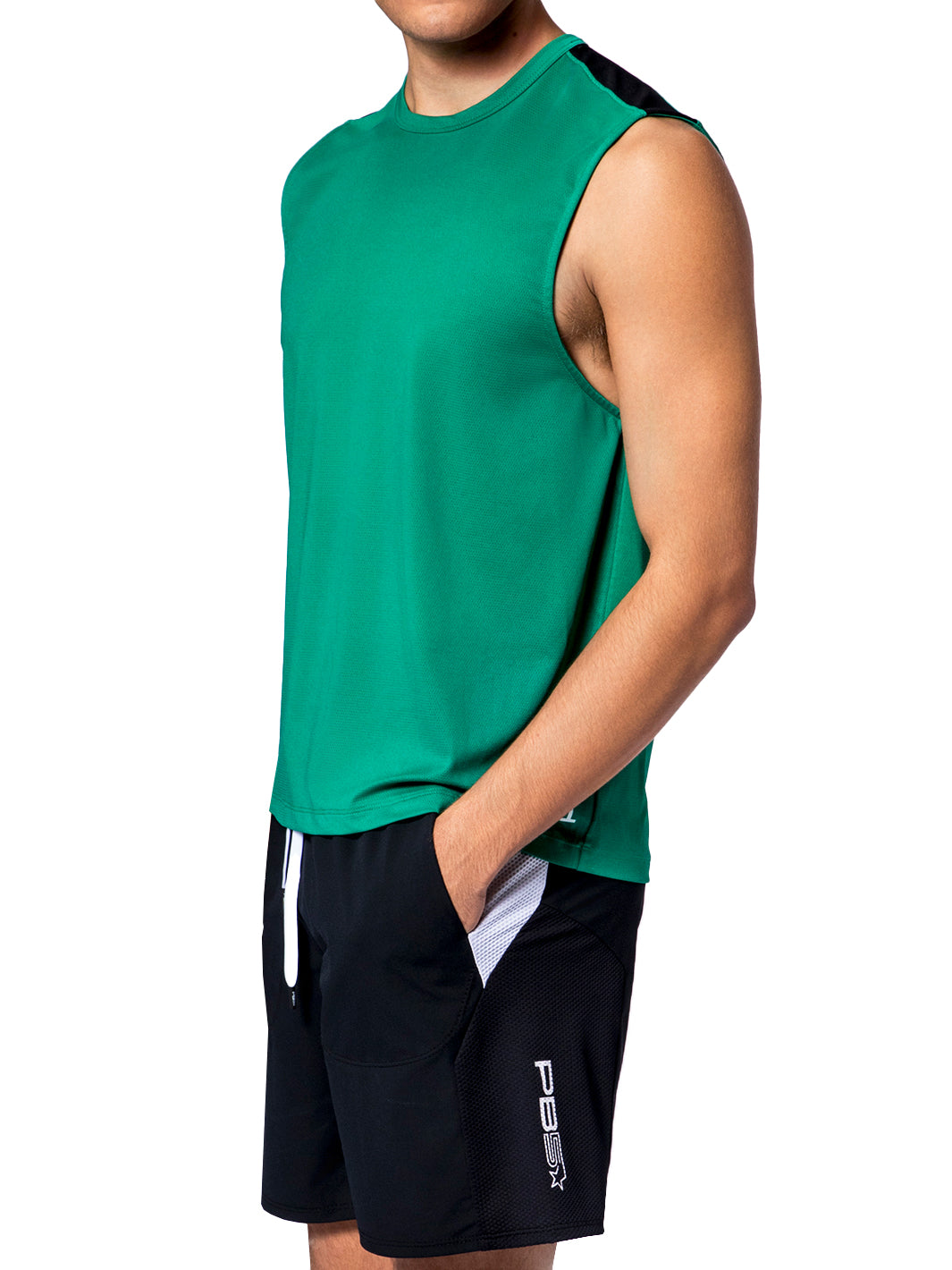 Side view of a man in a jade PB5star Vented Sleeveless Tee, designed for high-performance sports.