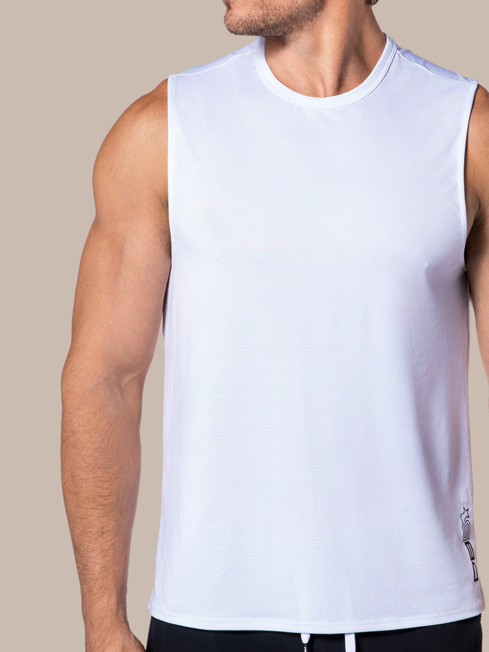 Muscular man in a white PB5star Vented Sleeveless Tee, suitable for gym and active lifestyle.