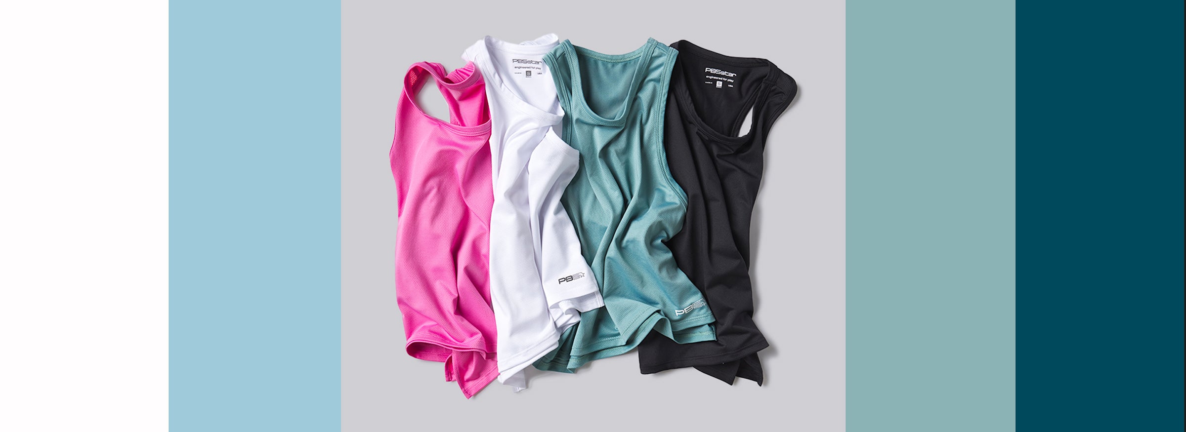 Layout of women's PB5star cropped tank in pink, shite, arctic and black.