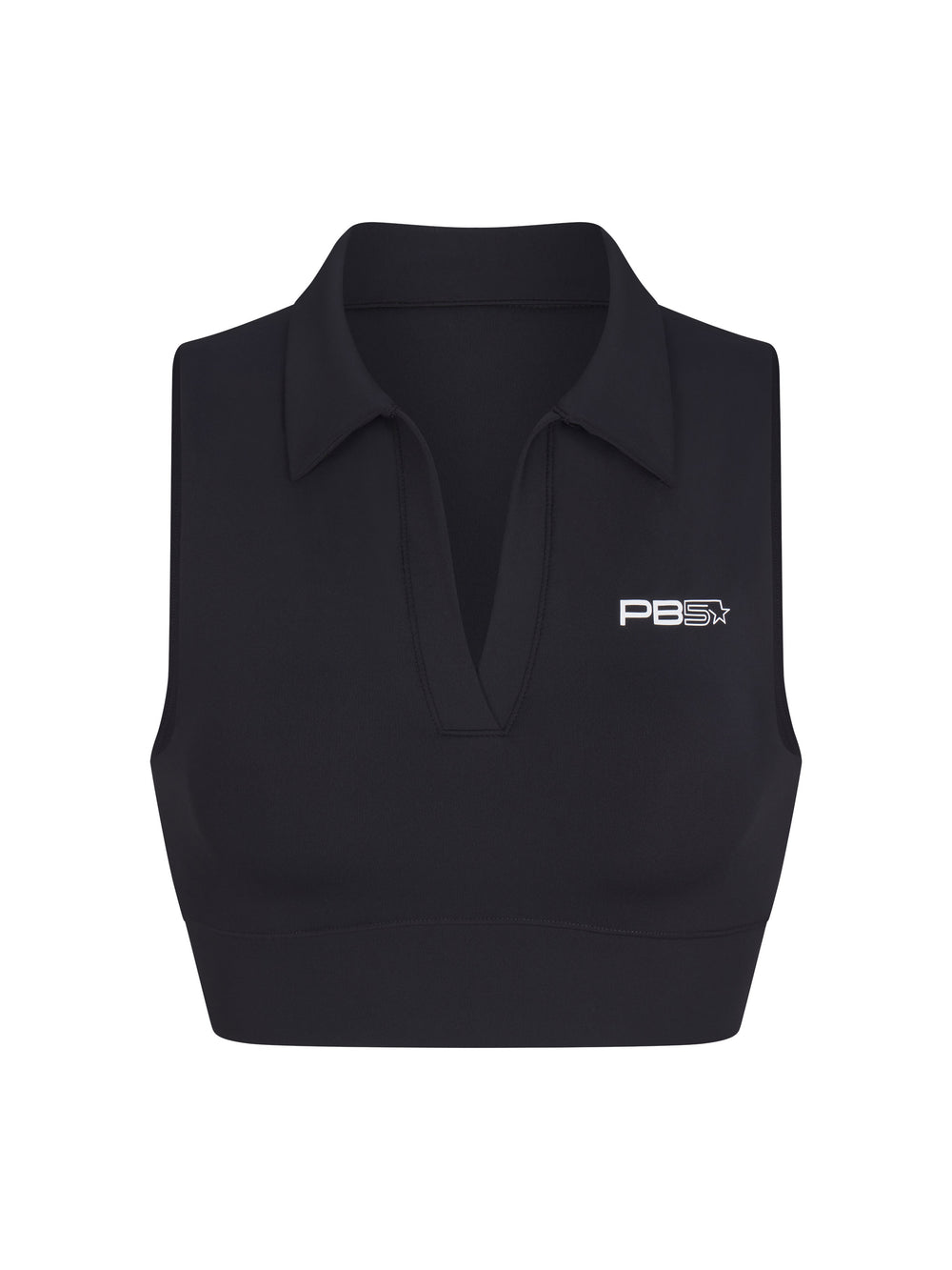 Front view of PB5star black Collar Bra Tank Top, featuring a V-neck collar and moisture-wicking fabric for activewear.