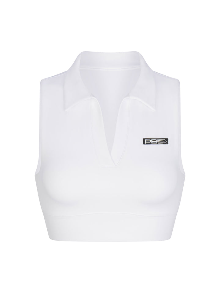 PB5star white Collar Bra Tank Top, featuring a V-neck collar and moisture-wicking fabric.