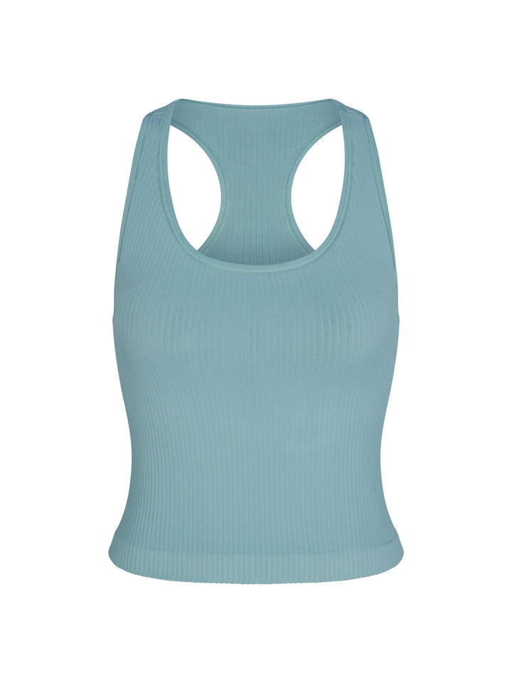 Front view of arctic Ribbed Racer Back Tank made from supportive 4-way stretch fabric for ultimate comfort and flexibility, perfect for active and casual wear.