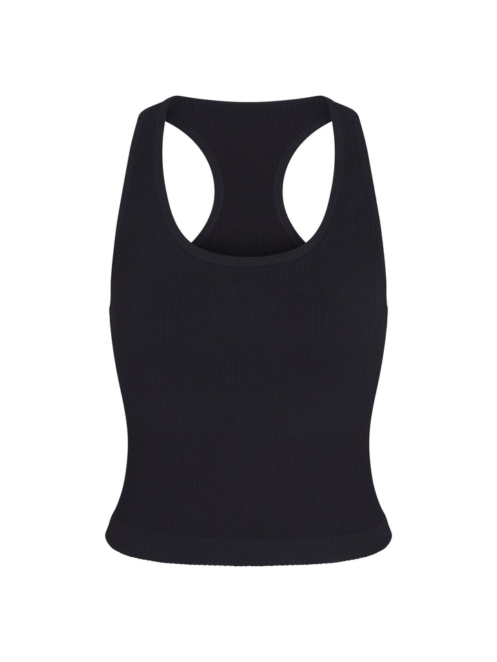 Front view of black Ribbed Racer Back Tank made from supportive 4-way stretch fabric for ultimate comfort and flexibility, perfect for active and casual wear.