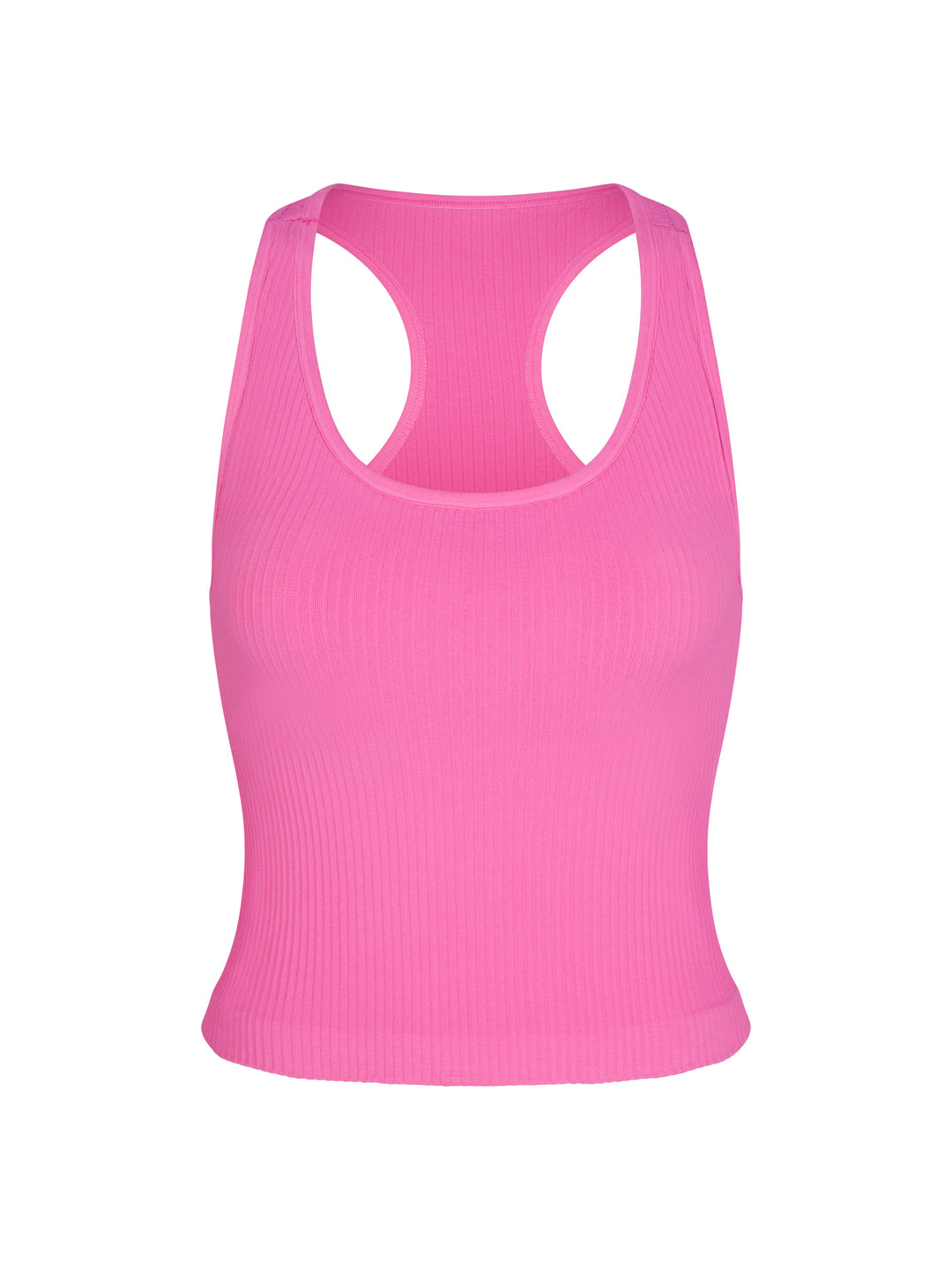 Front view of pink Ribbed Racer Back Tank made from supportive 4-way stretch fabric for ultimate comfort and flexibility, perfect for active and casual wear.