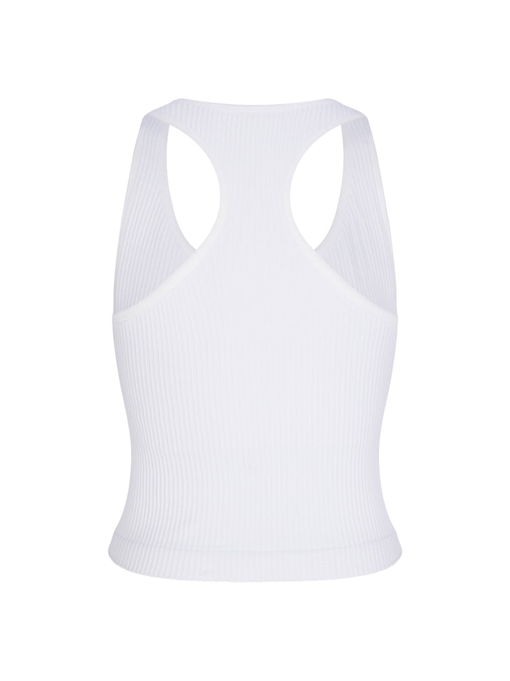 Back view of white Ribbed Racer Back Tank made from supportive 4-way stretch fabric for ultimate comfort and flexibility, perfect for active and casual wear.