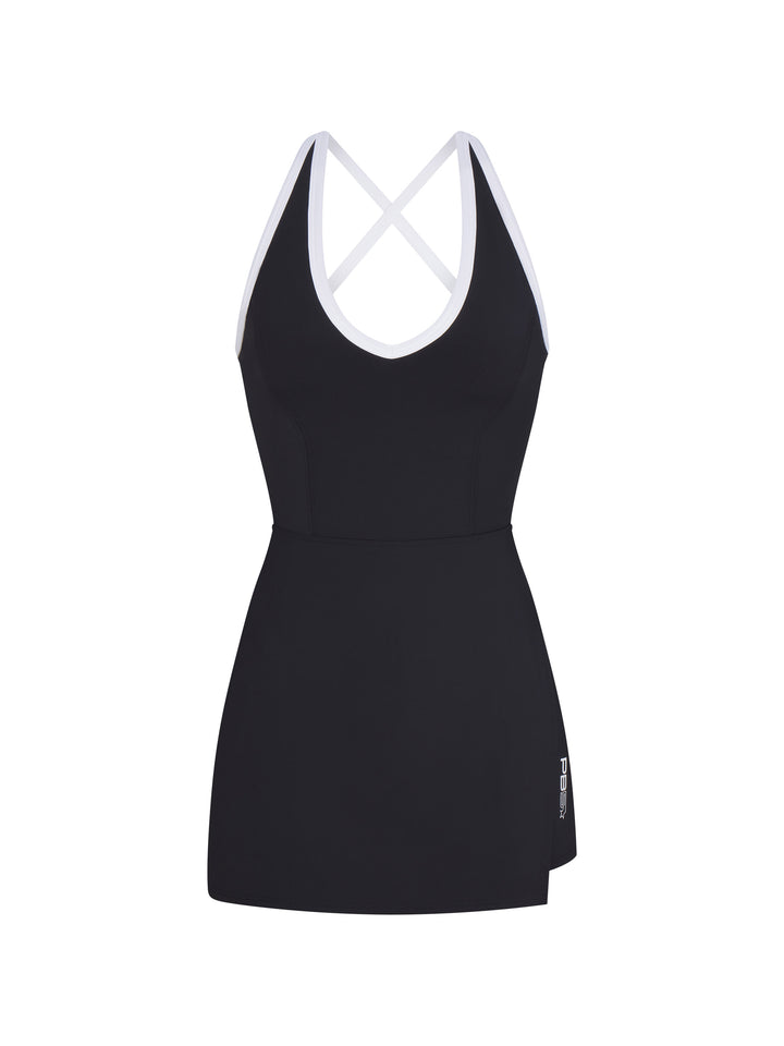 Black side-split court dress made of PB5FormSoft fabric with white trim and crisscross back straps, designed for comfort and mobility on the court.