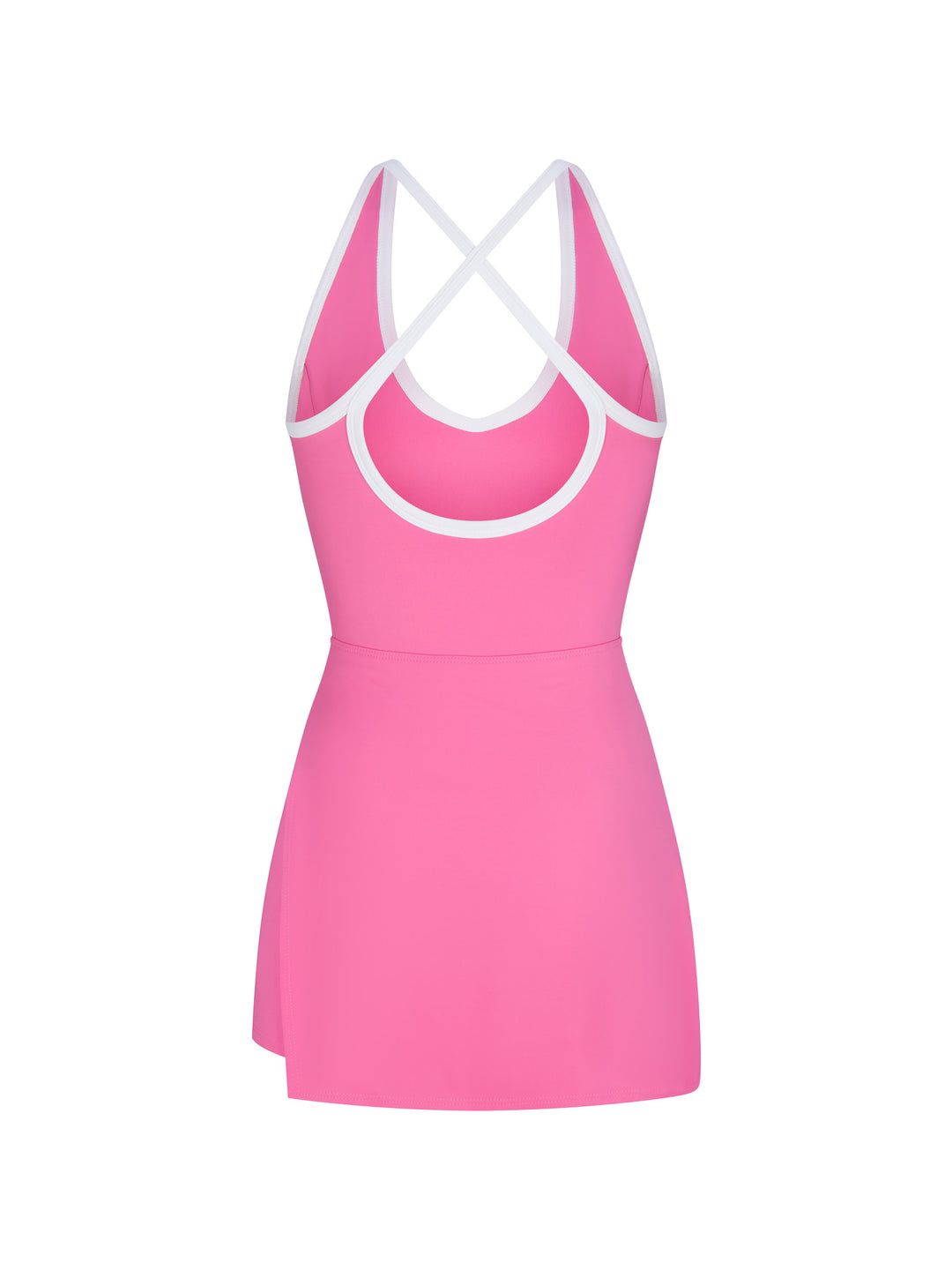 Back view of pink side-split court dress made of PB5FormSoft fabric with white trim and crisscross back straps, designed for comfort and mobility on the court.