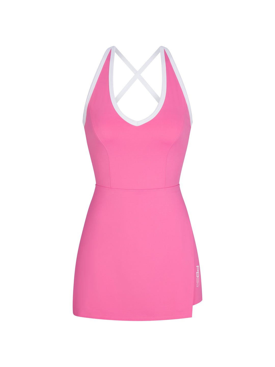 Pink side-split court dress made of PB5FormSoft fabric with white trim and crisscross back straps, designed for comfort and mobility on the court.